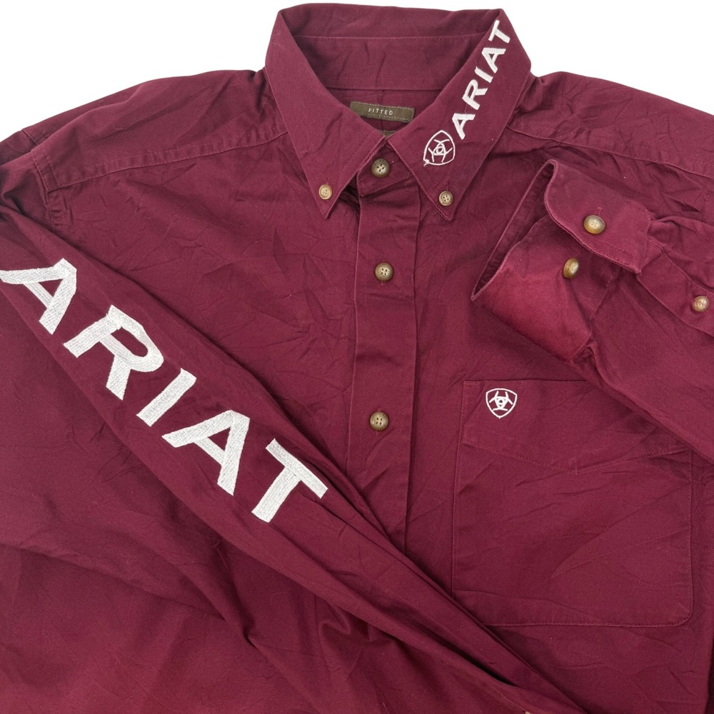 Ariat Mens Large Fitted Western Shirt Burgundy Long Sleeve Embroidered Logo